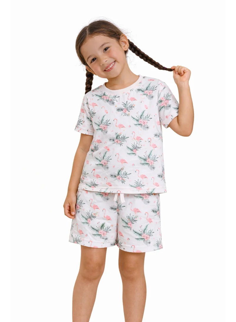Girls Flamingo Print Cotton Pajama Set – T-Shirt & Shorts Nightwear